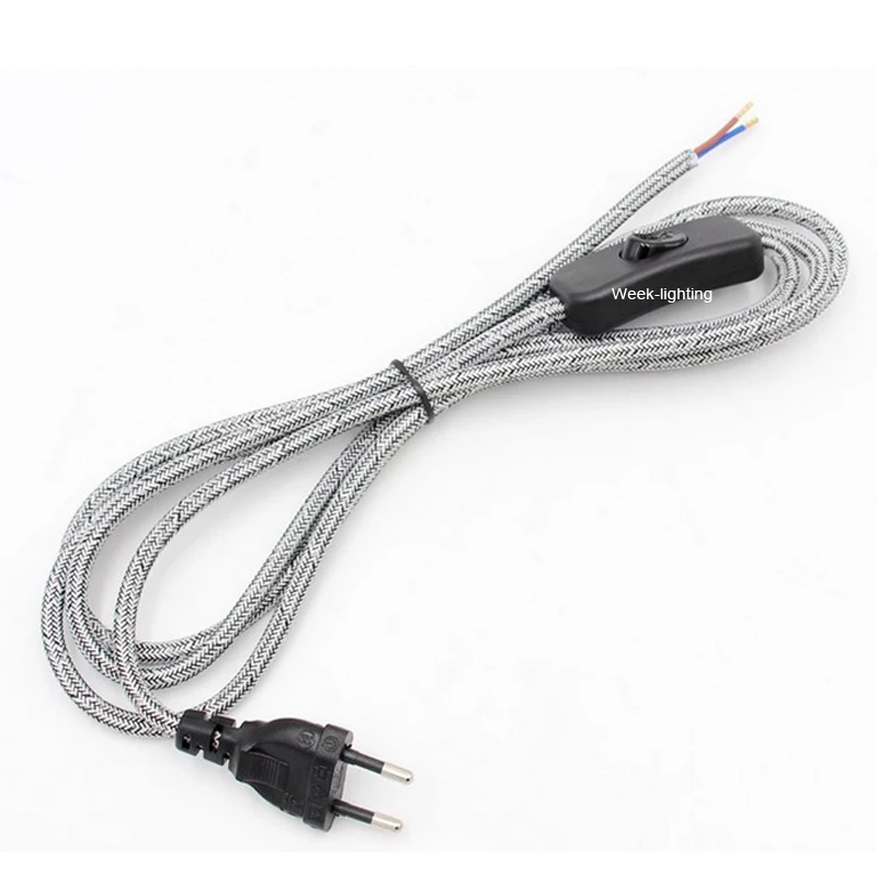 AC 110V 220V 2 Prong Plug Power Cord With Inline Switch Fabric Covered Extension Electrical Cable For Lamp Light - Blue