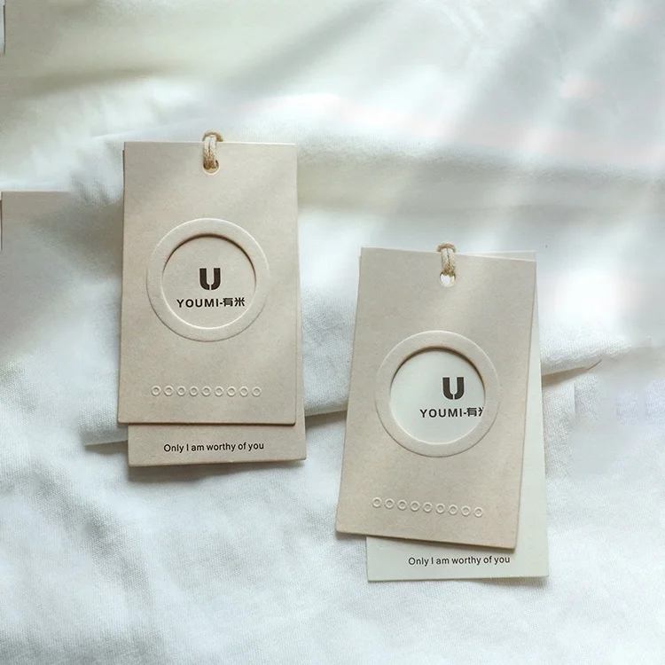 Promotional Customization Beige White Cardboard Brand Logo Embossed Hanging Tags for Denim jackets