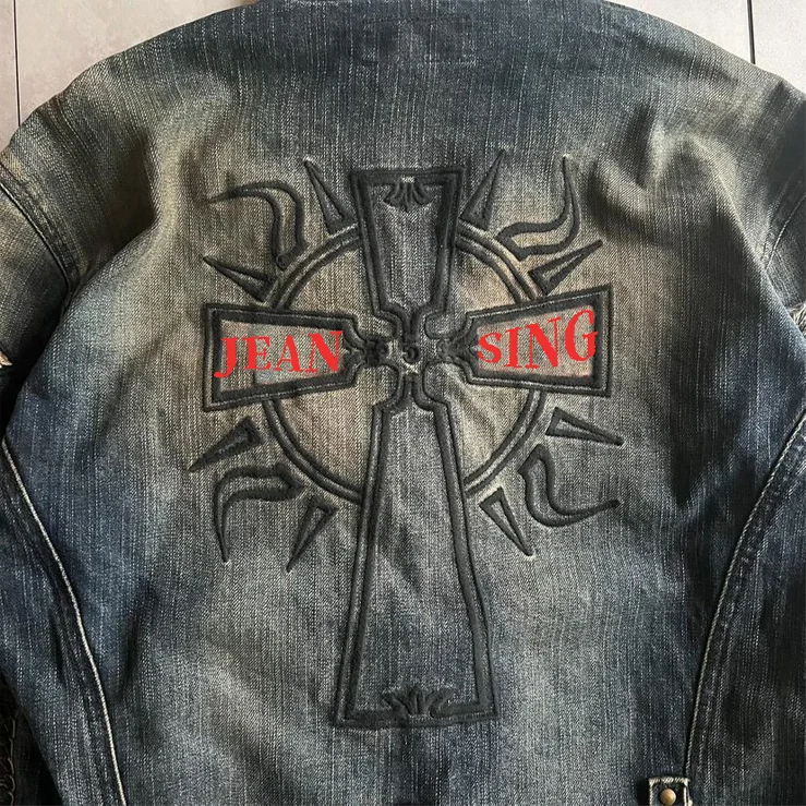 Outdoor Winter Handsome Vintage Jean Jackets for Men Leather Stand Customized Logo Leather Fabric Woven Denim Jacket Embossed