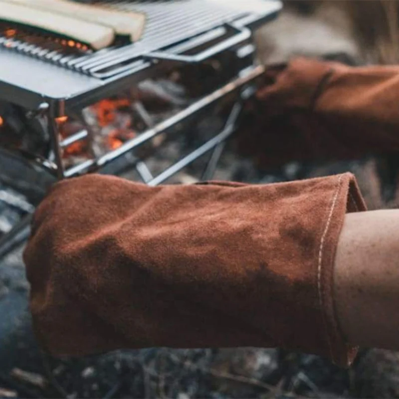 BBQ Accessories Free Gift Brown Leather Grill Gloves Oven Mitts