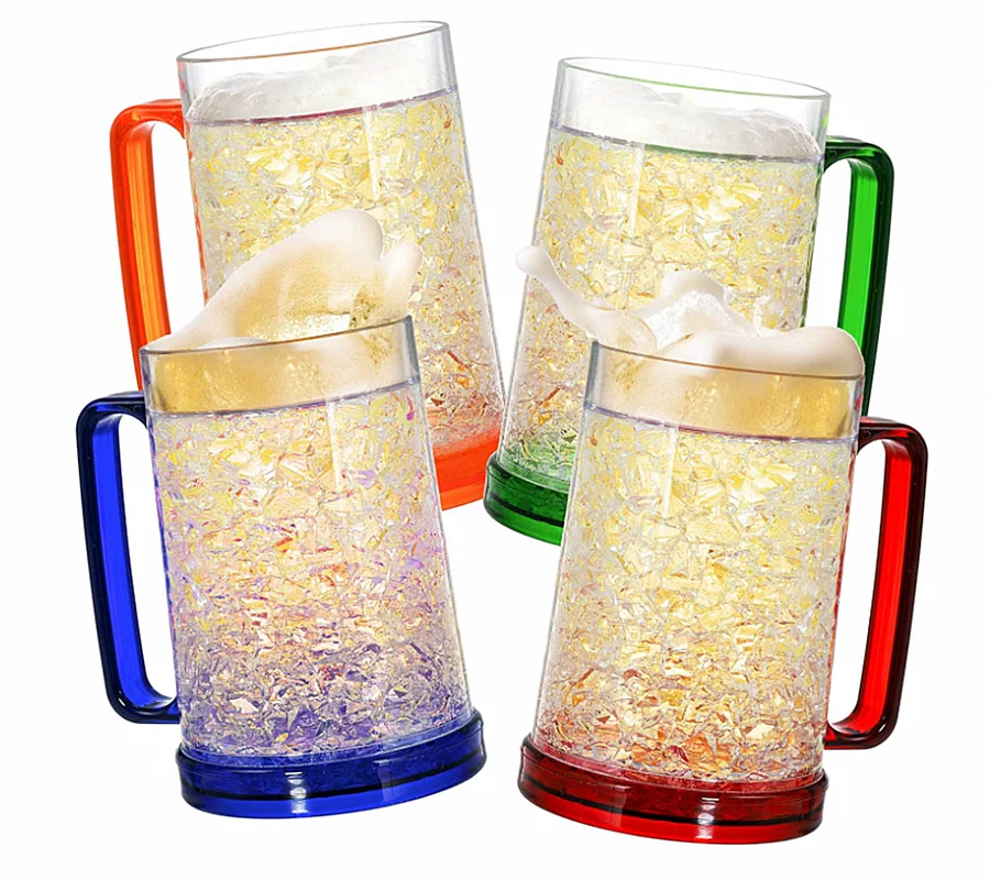 Freezer Beer Mugs, 4 Pack Double Wall Gel Frosty Freezer Ice Cup, Plastic Beer Mug With Handle