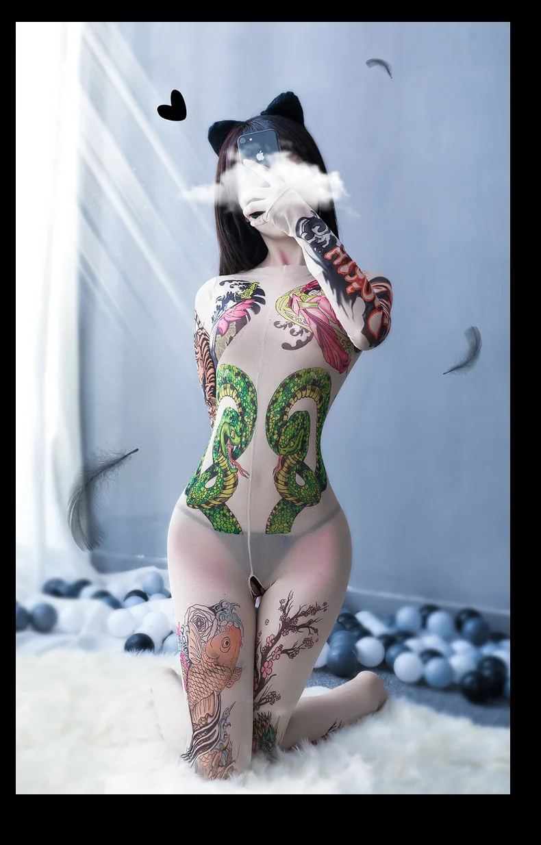 European and American sexy stockings sexy tattoo long sleeve open file one-piece underwear sexy pajamas
