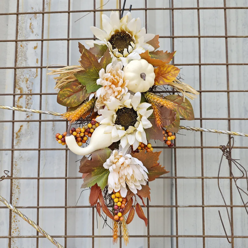Fall Harvest Pumpkin wreath upside down Thanksgiving teardrop pendant Sunflower white pumpkin Maple Leaf decorative door decor