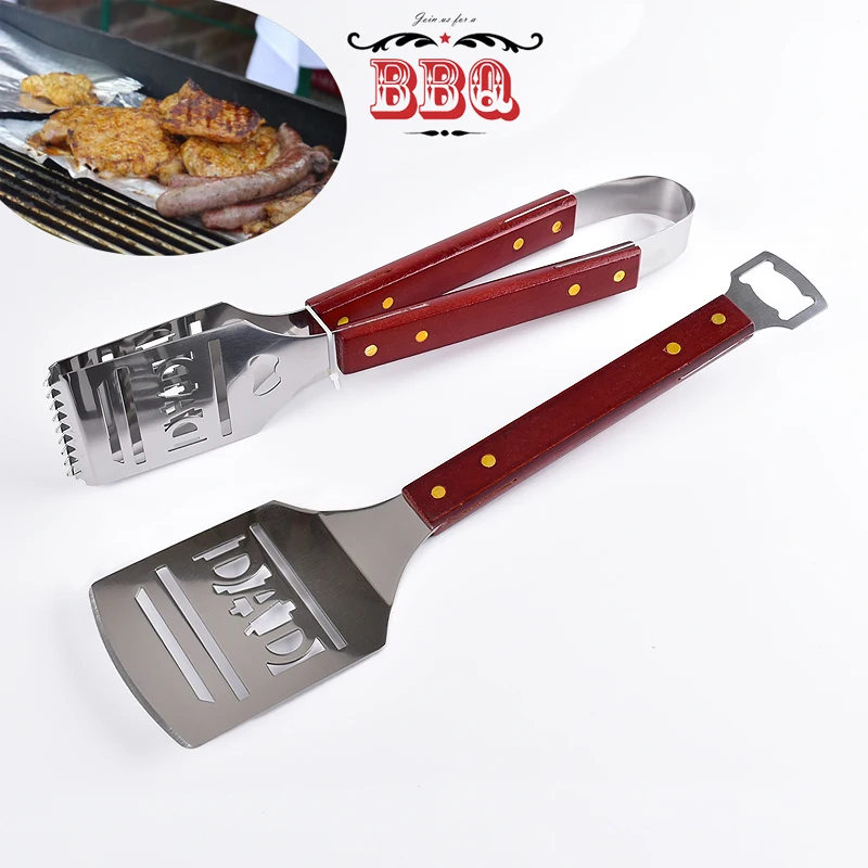 2pcs Wooden Handle Barbecue Tools Barbecue Tong BBQ Spatula With Bottle Opener