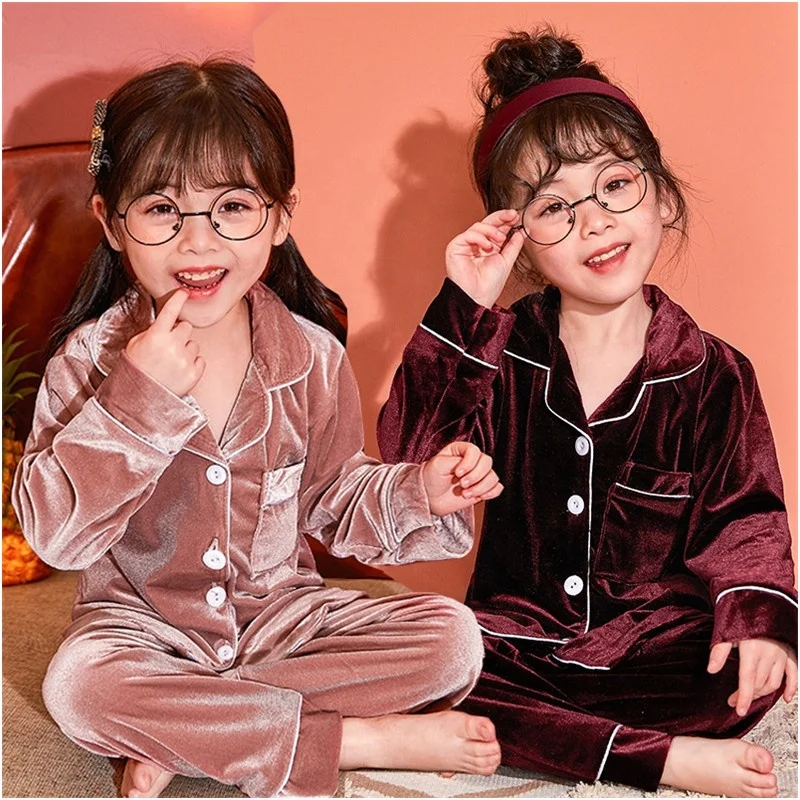 Wholesale Long Sleeves Velvet Kids Girl Pajamas Turn Down Collar With Pocket Children Boy Sleepwear Outfits