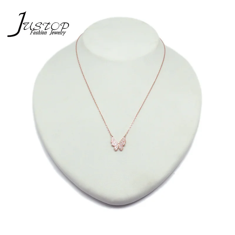 French design vogue charms Real 925 sterling silver jewelry pink gold pendant chain butterfly necklaces with zircon