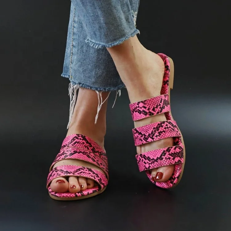Snake Pattern Slippers Woman 2021 New Women Summer Pu Slippers Open Toe Flat Casual Cross Female Fashion Non Slip Ladies Shoes