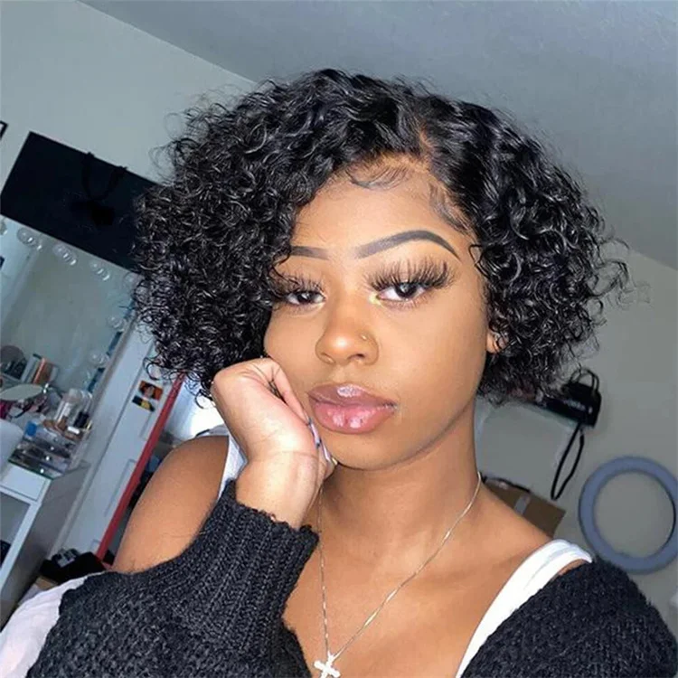 Cheap price wholesale human hair short peruvian bob wigs pixie curls lace frontal wig with baby hair 12a grade raw hair