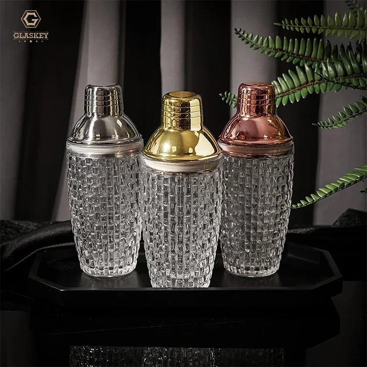 Glass Mixer Plaid Glass Shaker Stainless Steel Lid Mixing Cup Bar Bartending Tool Shaker Cup