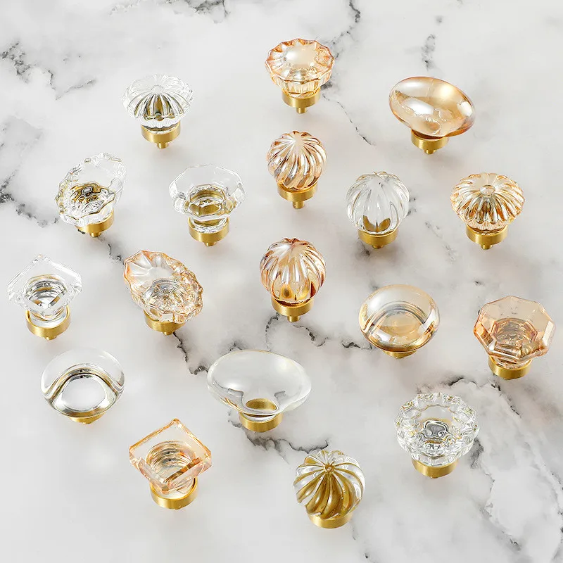 Light Luxury Transparent Crystal Brass Single Hole Cabinet Door Pull Handles and Knobs