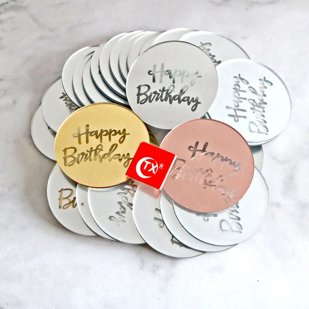 Лазерная Марка TX Happy Birtrhday, блестящий золотой зеркальный диск, подвеска для торта, кекс, капкейк, поп-диск, Топпер для десерта, Подарочная коробка, Декор
