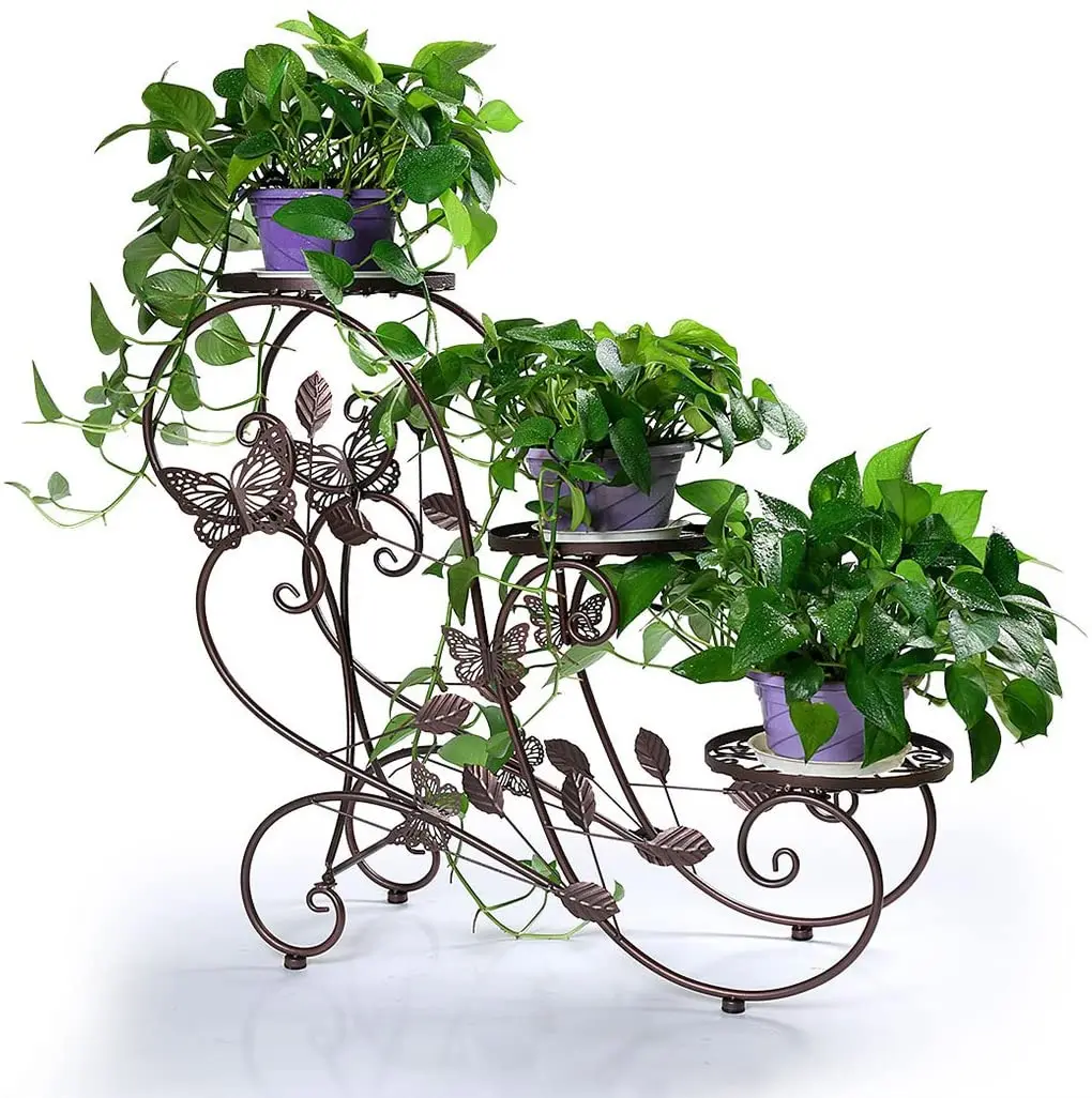 Oniya Bronze & Black 3 Tier Plant Stand Metal Iron Flower Pot Rack with Butterfly Classic Design For Yard Decorations
