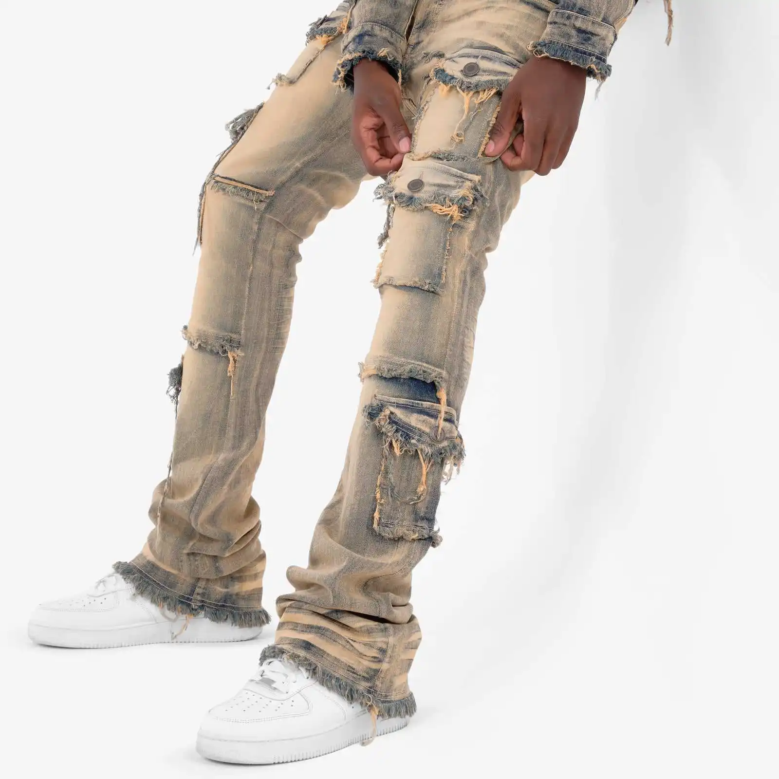 High Quality Distressed Vintage Acid Wash Raw Hem Super Cargo Pants Skinny Flare Stacked Slim Fit Jeans Men