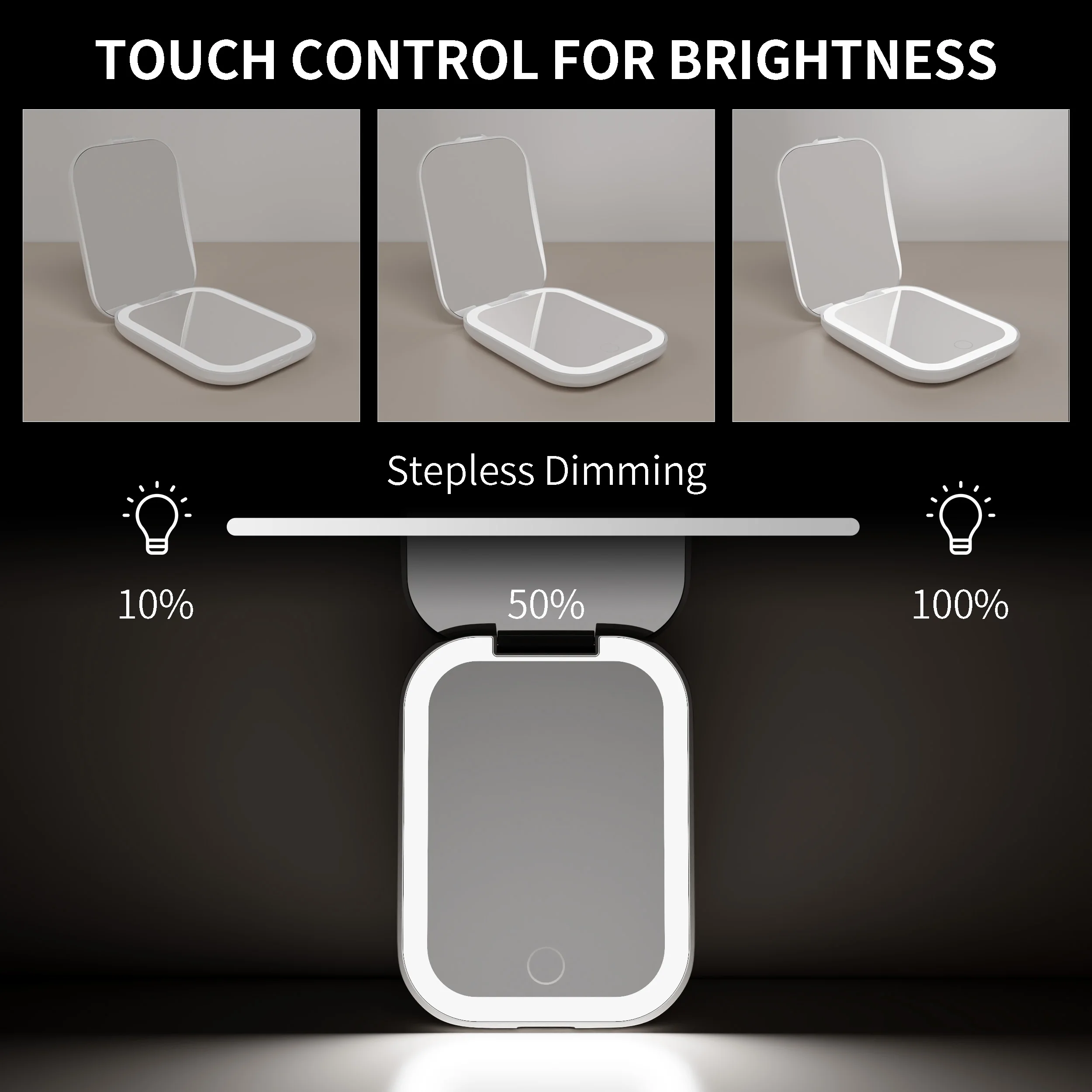 Custom Logo Personalized Touch Switch Mini Makeup Small Hand Travel Folding Pocket Mirror Compact Mirror With LED Light