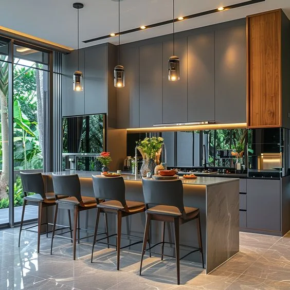 Vermonhouzz Customized design MDF lacquer handle less complete kitchen cabinet with island overhang bar