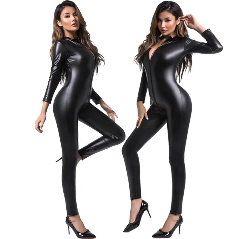 Womens Fetish Jumpsuits Wetlook Leopard Latex Catsuit Stretch 2 Way Zipper PU Leather Bodysuit Cat Suit Black Overalls
