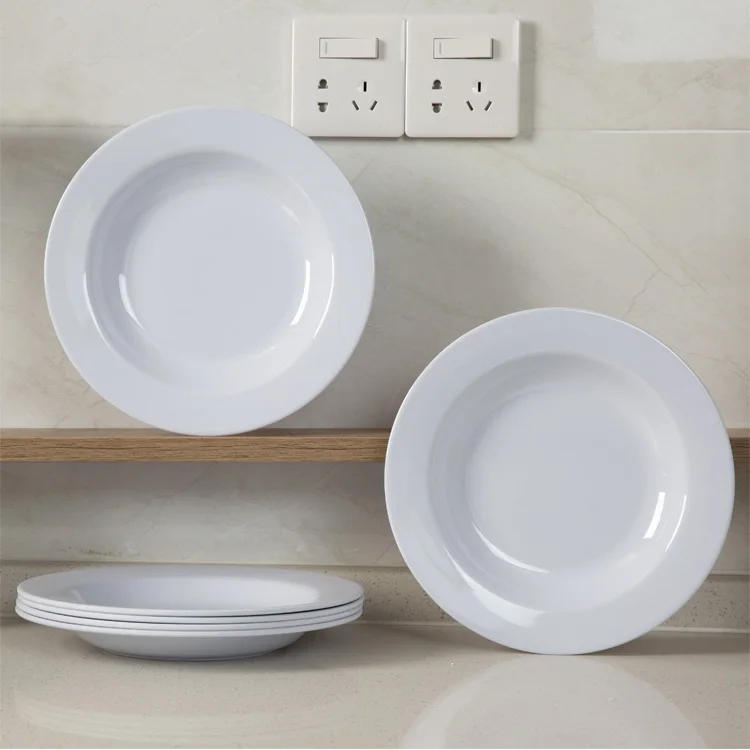 Runde tiefe teller restaurant weib wide rim pasta plate, deep well plastic round 9 inch melamine soup dish