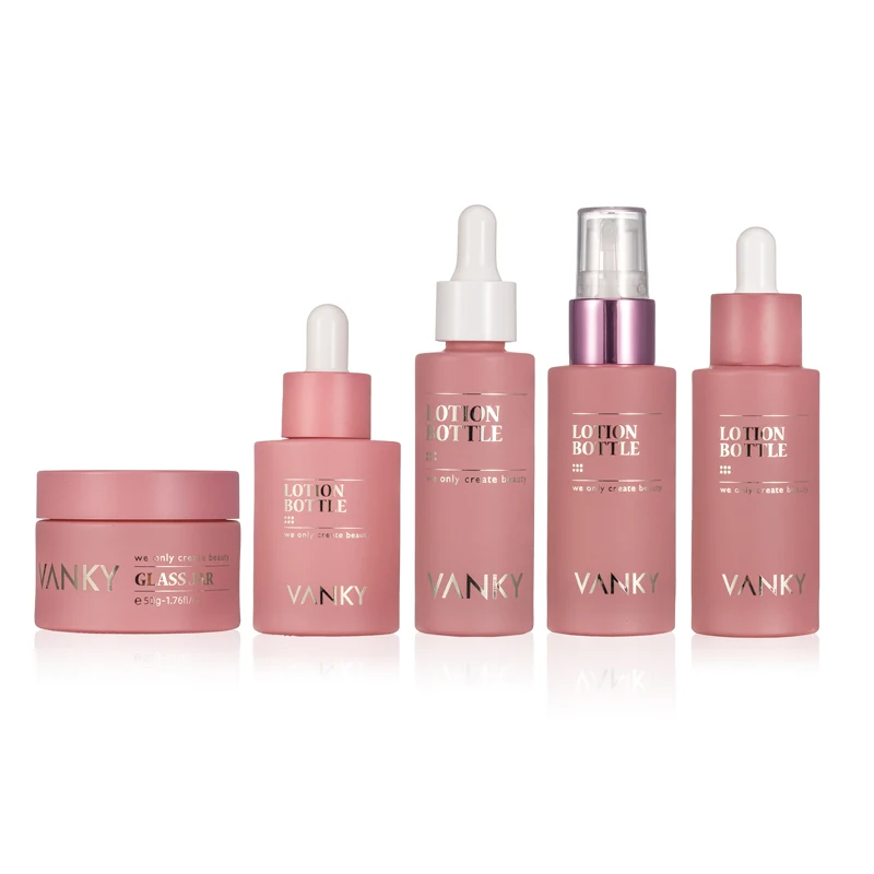 Luxury 30ml 50ml Pink Skincare Cosmetics Packaging Face Cream/lotion Glass Dropper Essential Oil Bottles Cosmetic Bottle Sets