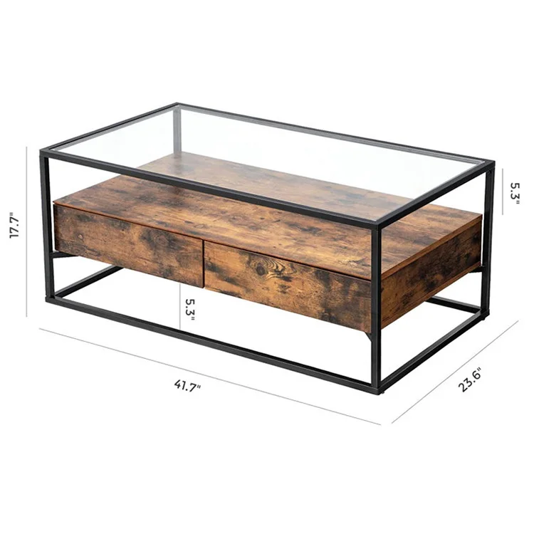 Vekin Furniture Wholesalers Living Room Custom Rustic Wood Tea Table Metal Frame Glass Top Coffee Table