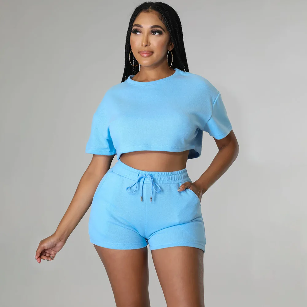 Clothes Leisure Sport Sexy Solid Color Two-piece Set Outfits Short Two Pieces Sets For Women