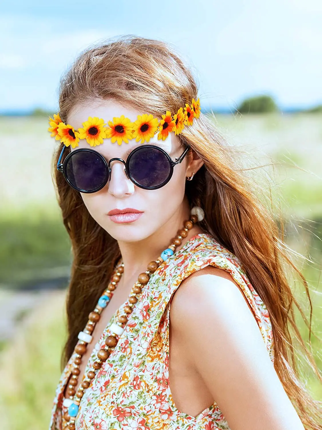 Sunflower Crown Hair Wreath Daisy Flower Headbands Hippie Headbands Adjustable Floral Bridal Headpiece for Hippie Party Wedding