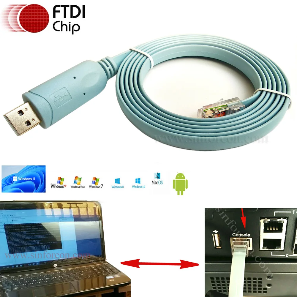 FTDI Console Cable  USB RS232 RJ45 Rollover Flat Noodle Kabel  for 1841 2811 2950 PUTTY Hypertrm Routers  Config Cable