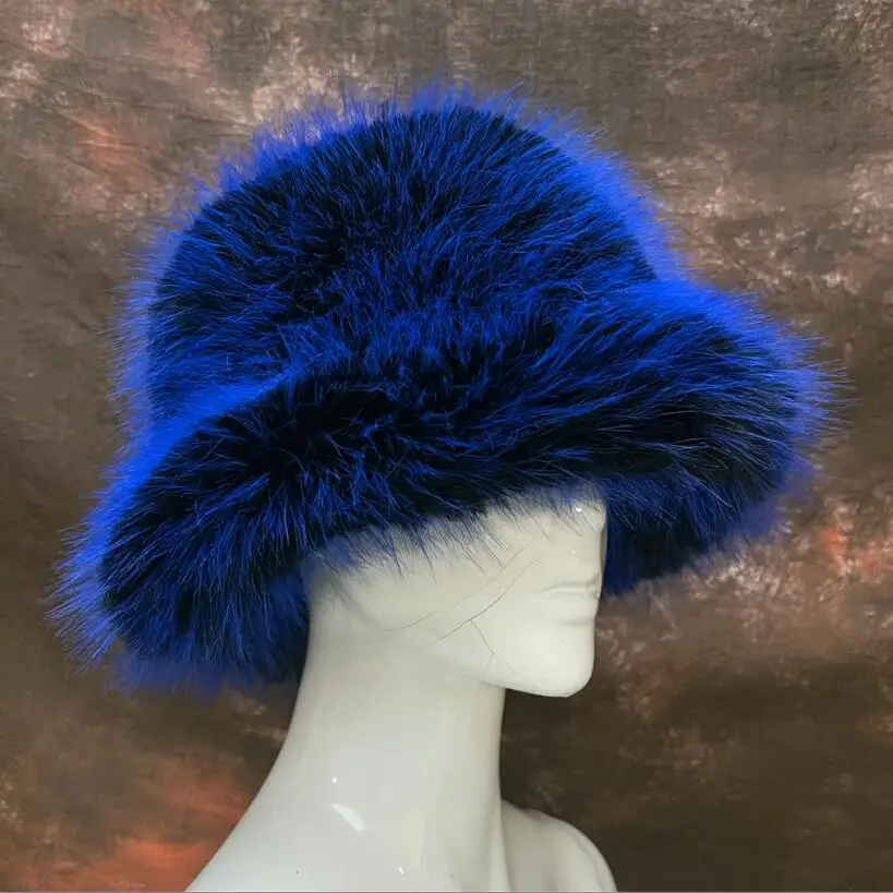 Tie Dye Plush Color Blocking Faux Fur Bucket Hat for Women Fuzzy Party Warm Soft Multi Colors Pattern Fox Fur Winter Hat