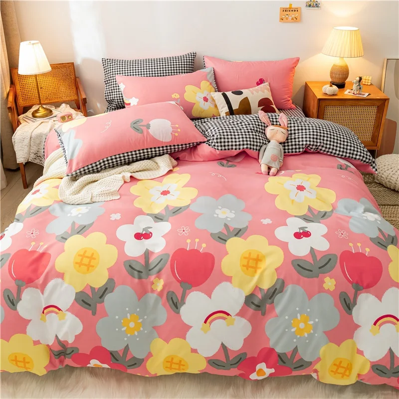 Factory Sale Geometric Grid Pattern Printing Bedding Bed Sheet 100% Cotton 4 Piece Sets Custom Hotel Bedsheet Set Duvet Cover