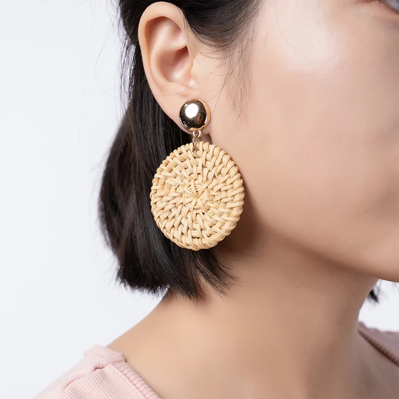 Rattan Earrings Women Summer Hoop Wicker Straw Handmade Beach Jewelry Woven Round Drop Dangle Earrings