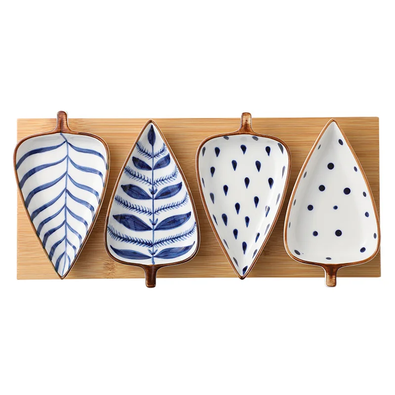 
AL Porcelain Small Leaf Shape Catering Serving Ceramic Snack Appetizer Fruit Dessert Sauce Bowl With Wooden Tray 