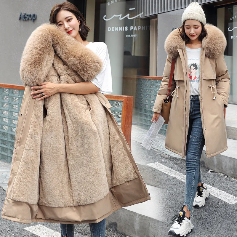 Parker Parka Fashion Adjustable Waist Fur Collar Winter Jacket Women Medium Long Hooded Parka Coat Outwear 2022 New Cotton Thick