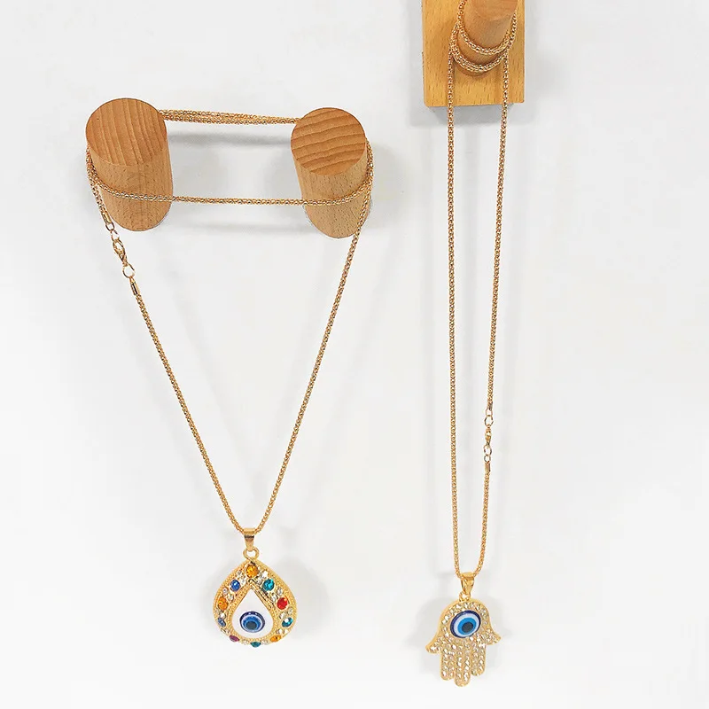 Alloy Fatima hand Necklace Turkish blue eye diamond jewelry sweater chain pendant necklace