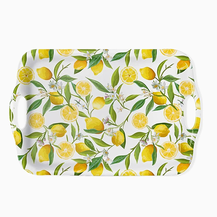 14Inch Good Quality Lemon Pattern Kitchen Ware Decorative Melamine Fast Food Serving Tray With Handle