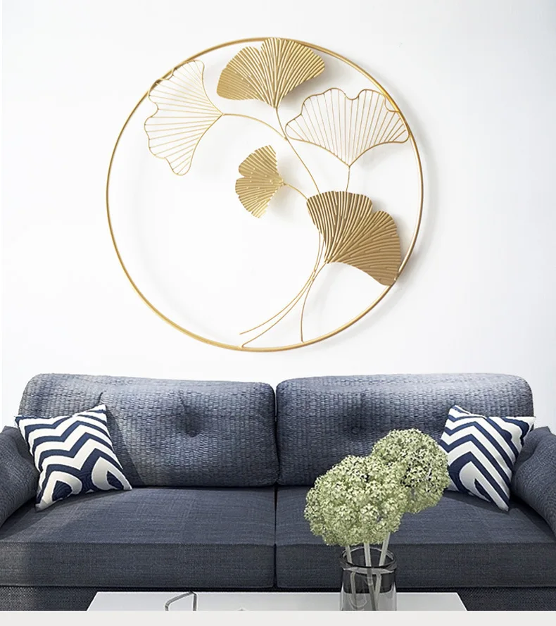 New Chinese style metal wall decoration living room sofa wall decoration pendant light luxury ginkgo leaf iron wall hanging