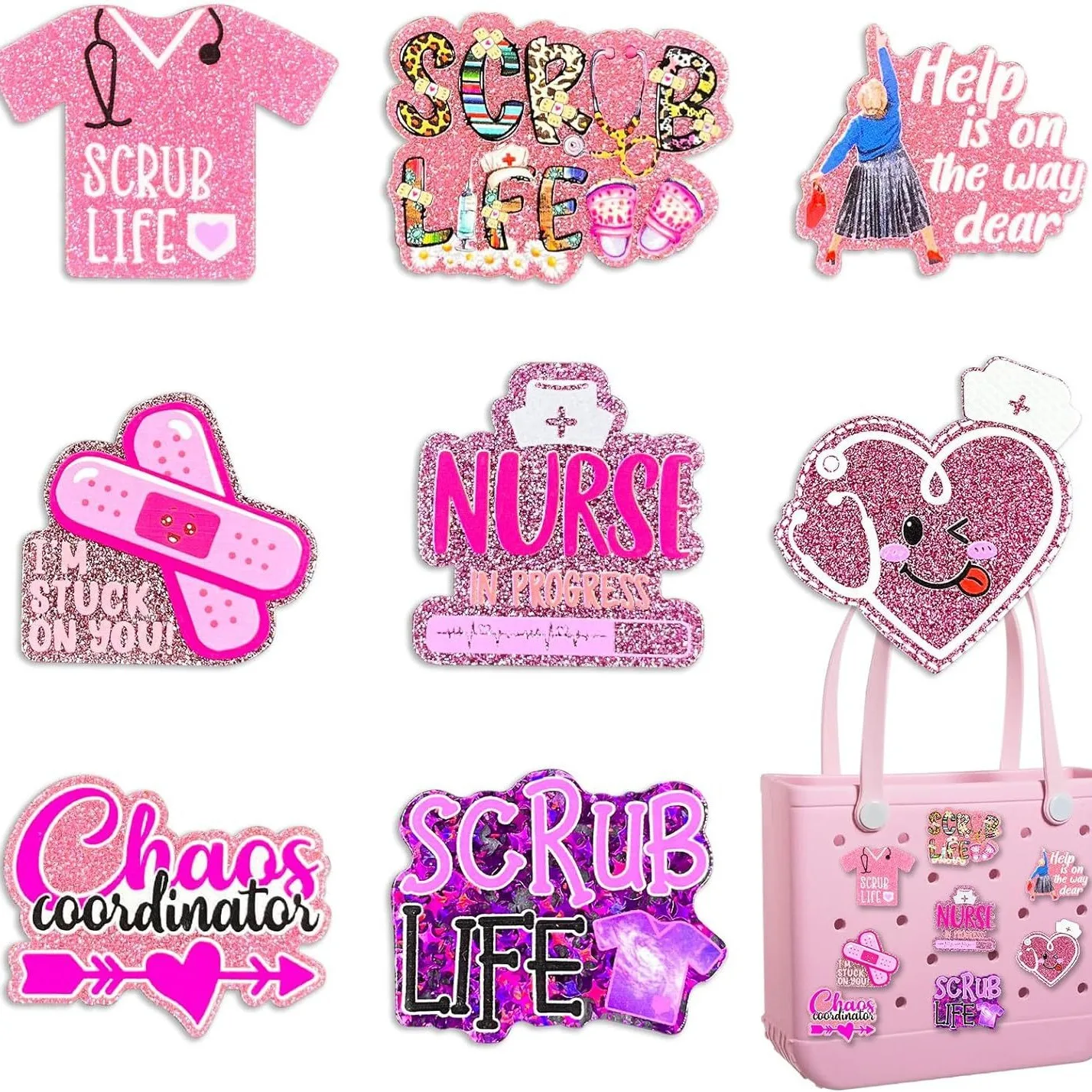 Nurse Doctor Plastic Glitter Bag Charms Cute Acrylic Nurse Life Charms for Beach Bag Modern Beach Tote Bag Accessories