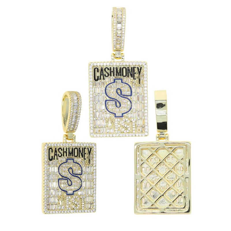 Hip Hop Jewelry Micro Pave 5A Geometric Rectangle CZ Cash Money Dollar Pendant With Rope Chain Necklace For Men Boy