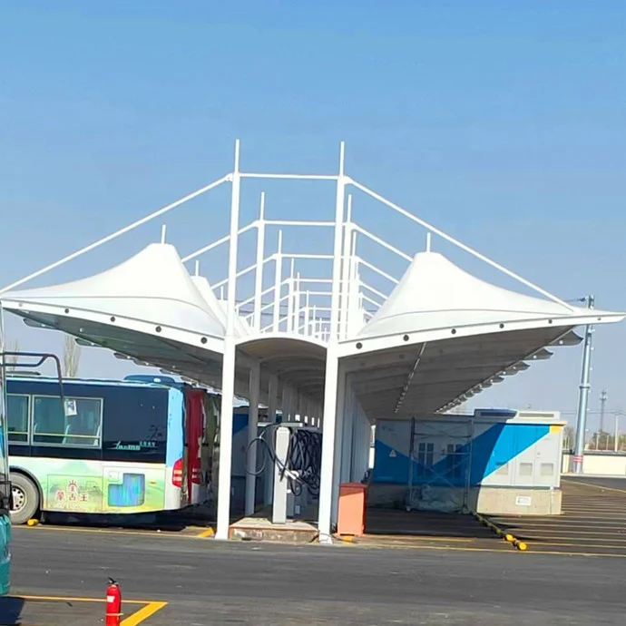 Good quality PTFE PVDF tensile membrane structure for bus/car parking manufacturer