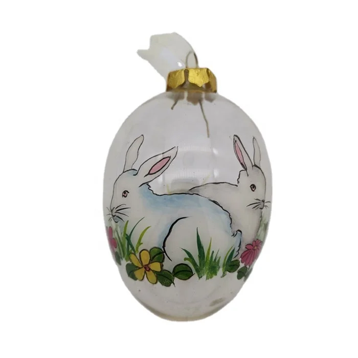 Custom Cute Glass Inner Handmade Painting Flower Butterfly Rabbit Egg Glass Christmas Ball Ornament For Souvenir