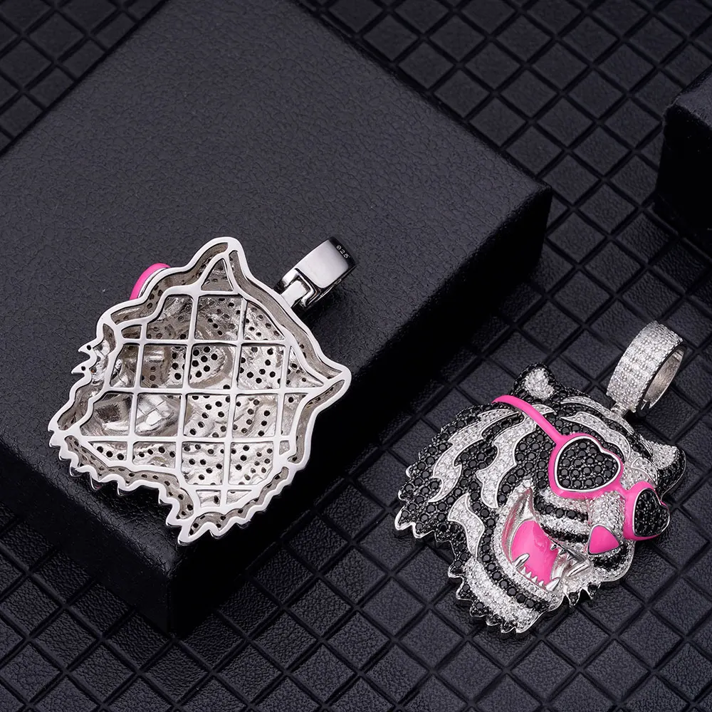 Full Iced Bling Out Black Clear Zircon 925 Hip Hop Style Fashion Design Gorgeous Hot Pink Enamel Jumbo Fierce Tiger Head Pendant