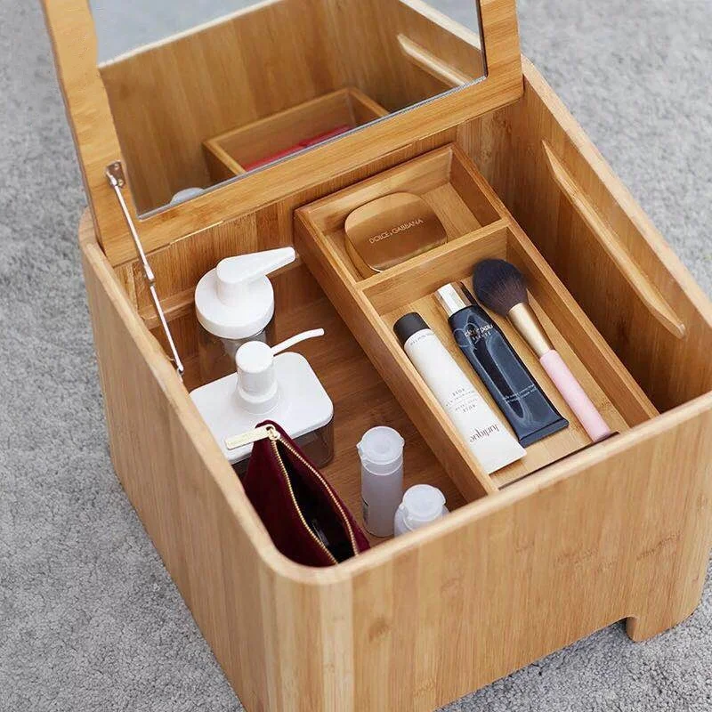 Bamboo Small Coffee Table Tatami Tea Table Storage Ottoman Dressing Table Living Room Furniture with 2 Cushions and Mirror