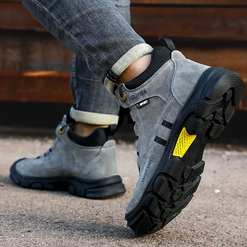 Повседневные защитные ботинки с высоким вырезом, нескользящая резиновая подошва, Противоударные Защитные Ботинки со стальным носком, бренд GUYISA