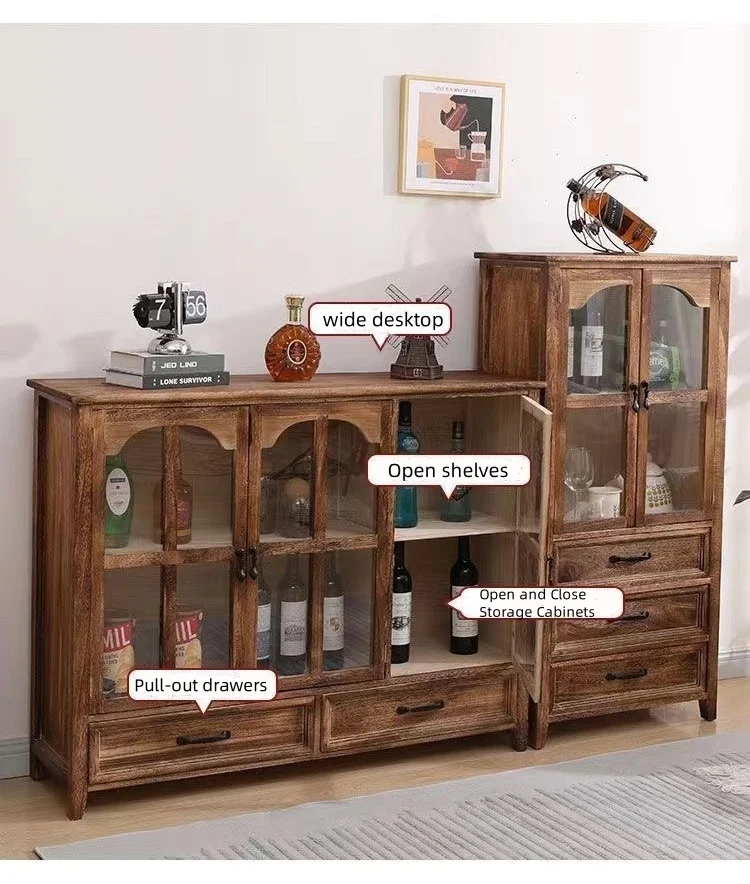 Living room solid wood wine cabinet bookcase American display cabinet against the wall vintage multifunctional storage cabinet