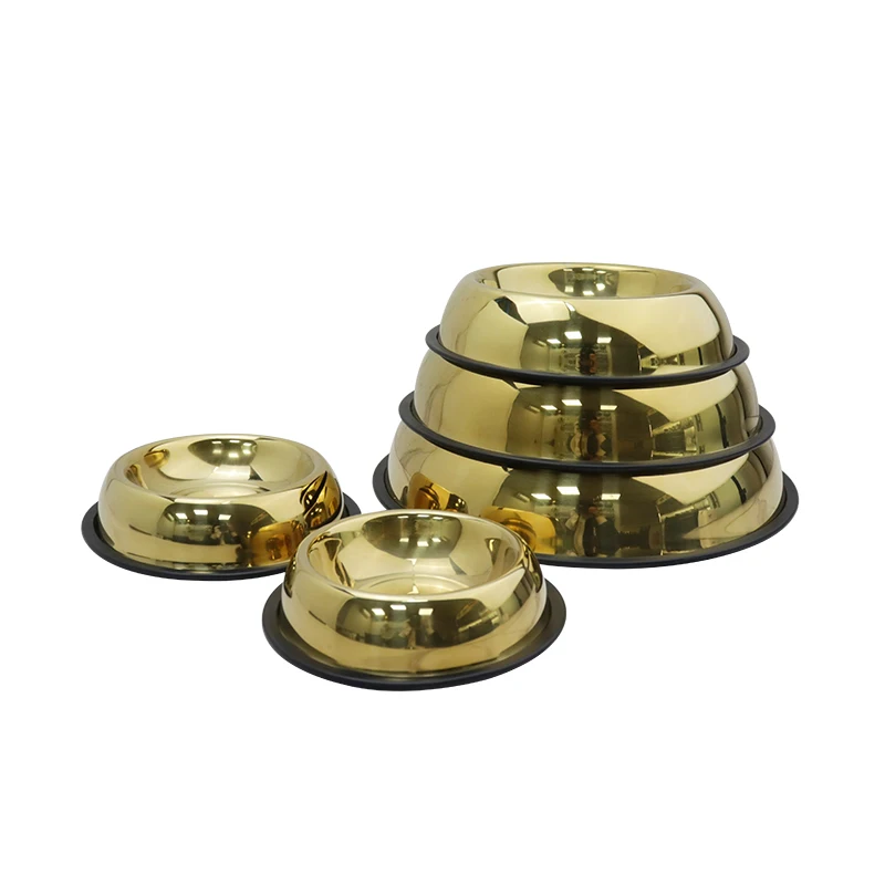 Wholesale Gold Color 304 Stainless Steel Dog Bowls with Non-Slip Rubber Base Pet Bowl for Food and Water