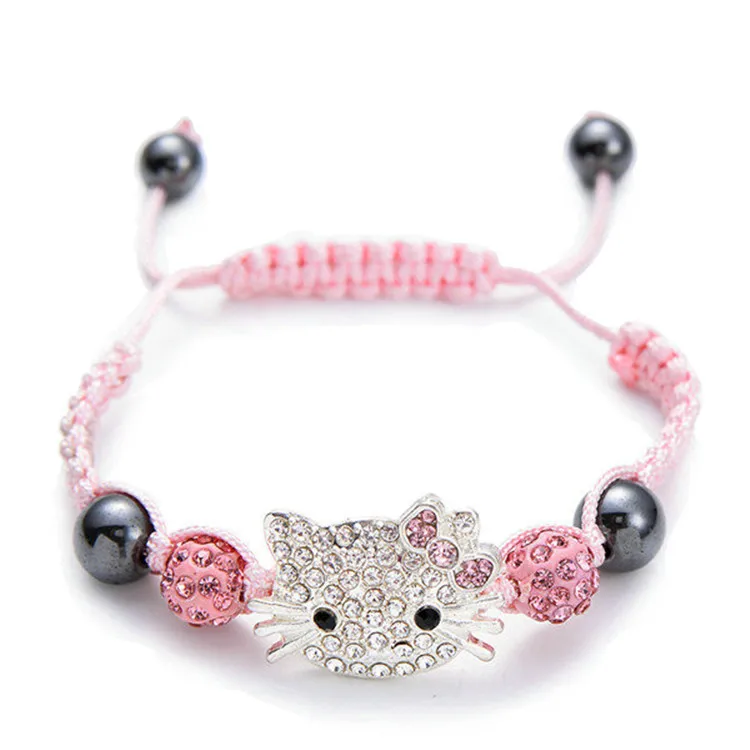 Qushine Lovely Kids Bracelet Cat Charm Rhinestone Round Crystal Bead Multi-Color String Braiding Bracelets