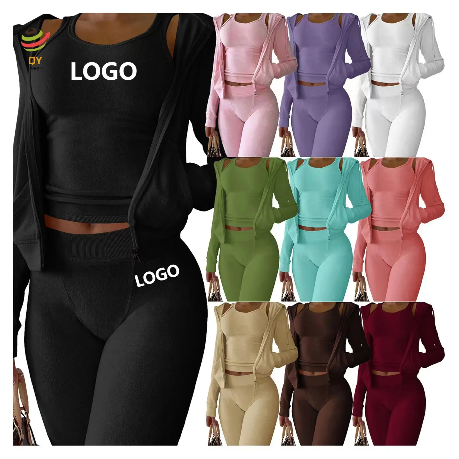 QY 2023 New Arrivals Streetwear Bodysuit Tracksuits Pink Hoodie Sweat Set Vest Short Sweatshirt Pants 3 Two Piece Set For Women
