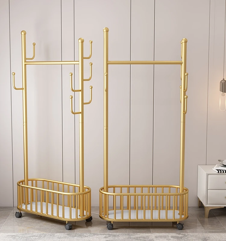 New Listing Light luxury floor drying clothes rack with storage basket bedroom balcony clothes hat rack removable hangers