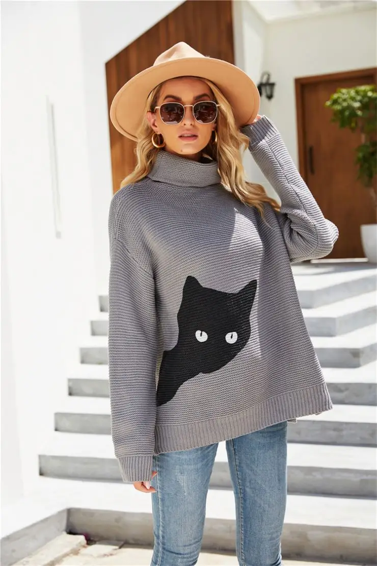 Womens fall Slouchy Drop shoulder Loose Oversize Chunky Knit cat print front Turtleneck long Sleeve Pullover Sweater Jumper Tops