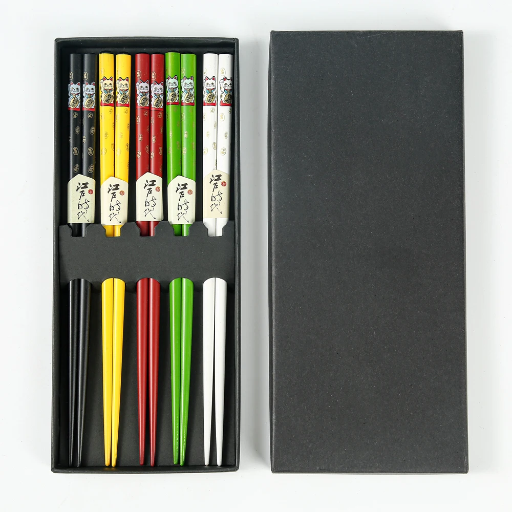 5 Pairs Bulk Lucky Cat Japanese and Korean Printing Sushi Classic Chopsticks Present Set