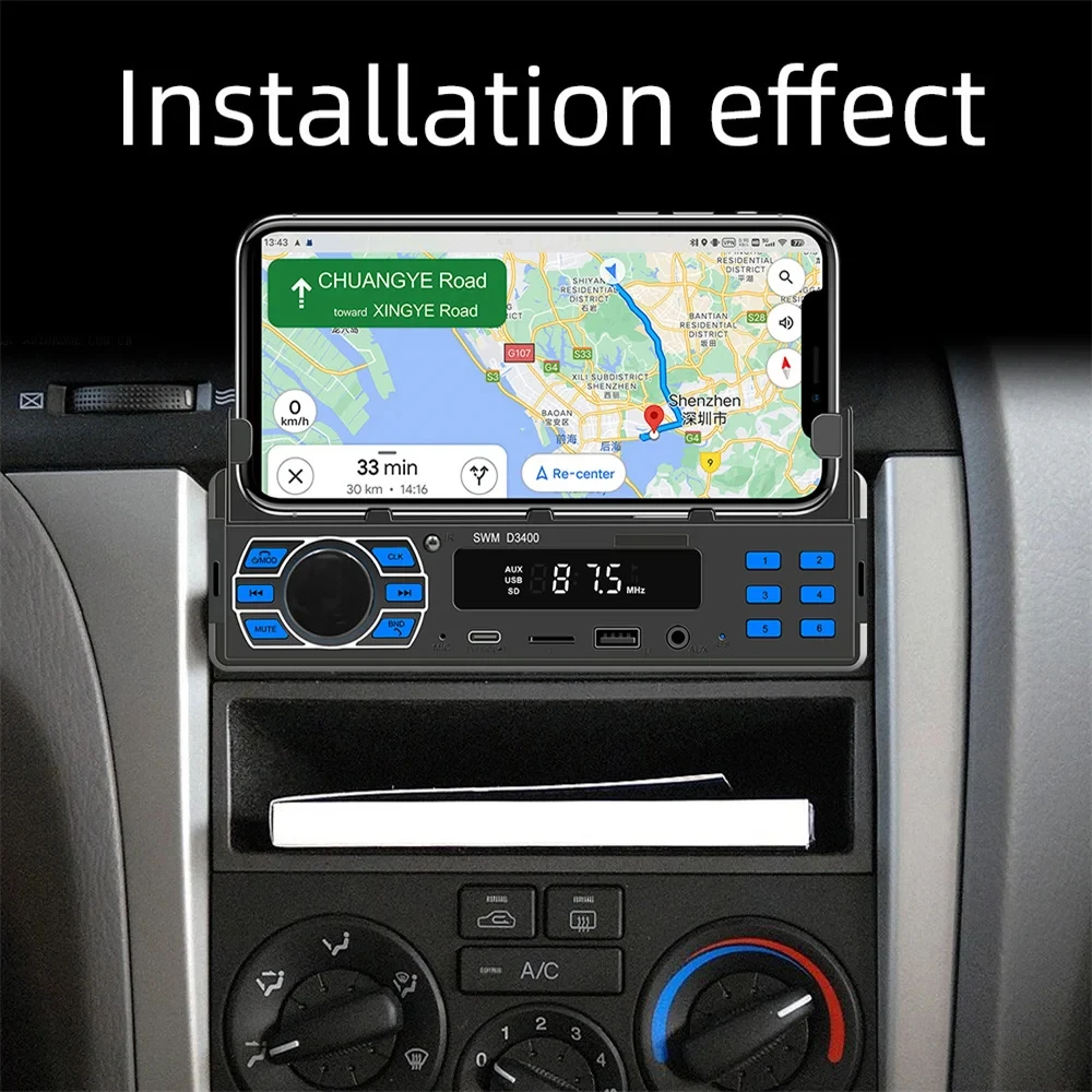 Car Radio Bluetooth 1 Din MP3 Player Handsfree A2DP Type C USB TF Aux APP Remote Cell Phone Holder Audio System Head Unit D3400