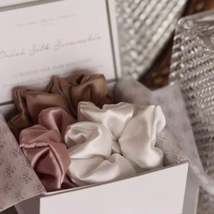 2024 new arrival 16 22mm custom logo real silk hair ties bands fluffy brown 100% pure mulberry silk scrunchie set